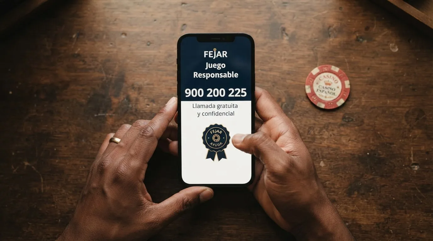 Teléfono móvil con el número 900 200 225 en pantalla y el logotipo de FEJAR