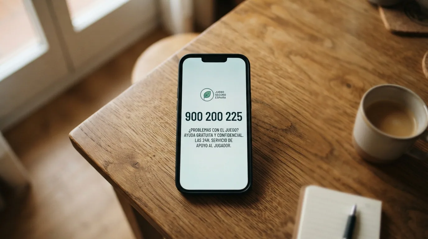 Un teléfono móvil mostrando el número 900 200 225 en pantalla, con el logo de FEJAR visible y un fondo de tonos verdes