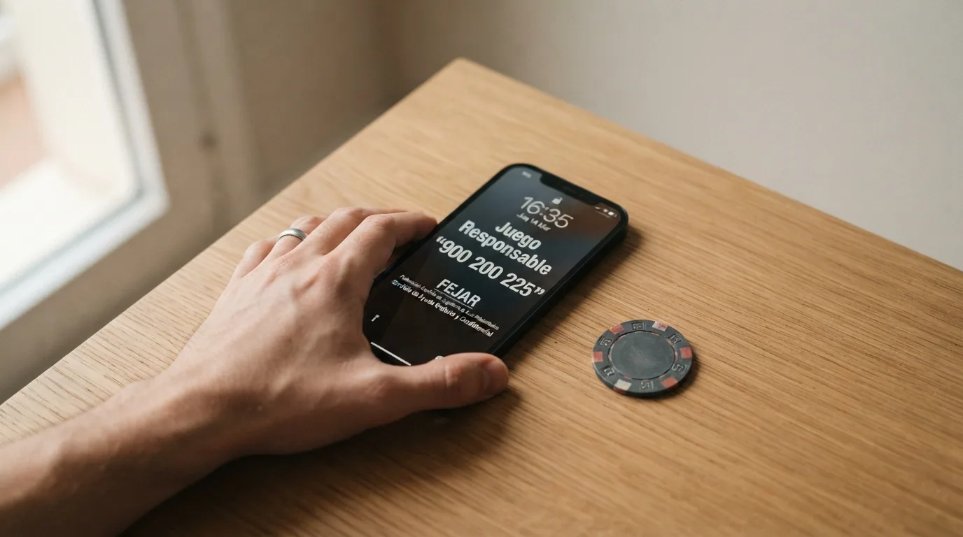 Una mano apoyada sobre un teléfono con el número 900 200 225 en la pantalla y el logotipo de FEJAR visible
