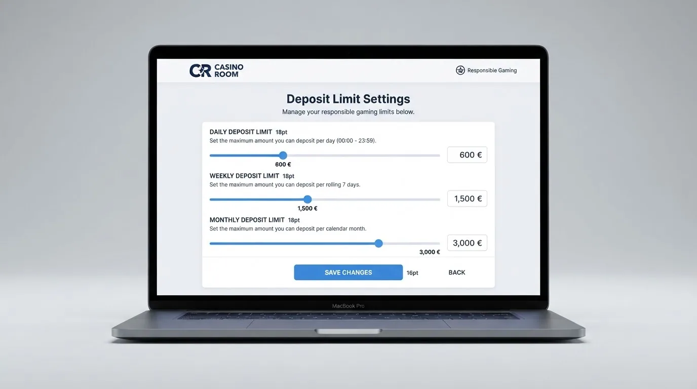 La pantalla de configuración de límites de depósito de un casino online con los controles desplegados: límite diario de 600 €, semanal de 1.500 € y mensual de 3.000 €
