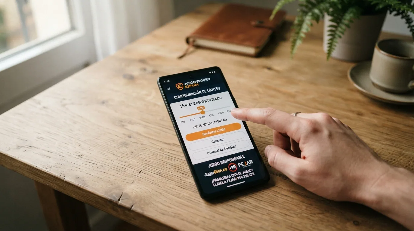 La pantalla de configuración de límites de depósito en el área de juego responsable de un casino online, con el selector de límite diario y el teléfono de ayuda de FEJAR visible