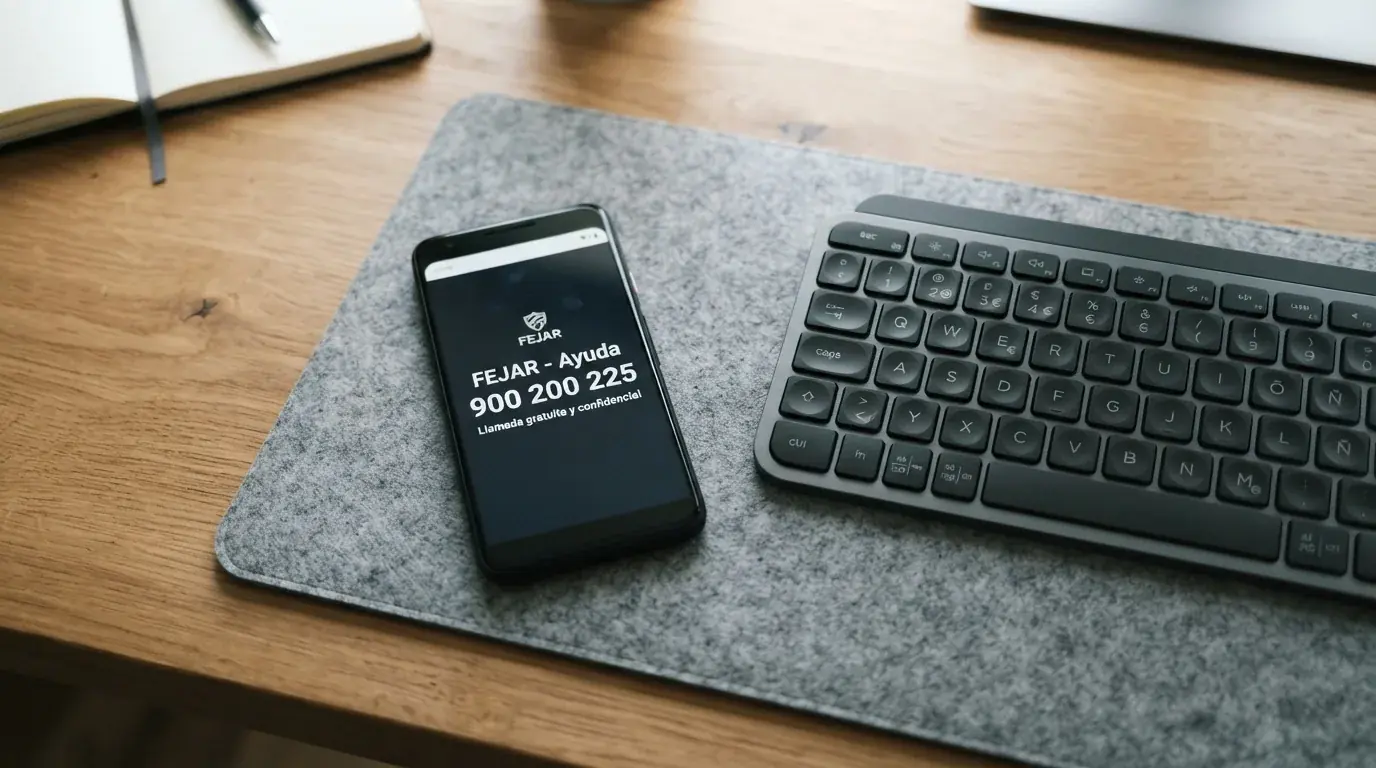 Un teléfono con el número 900 200 225 en pantalla junto a un teclado y el logotipo de FEJAR