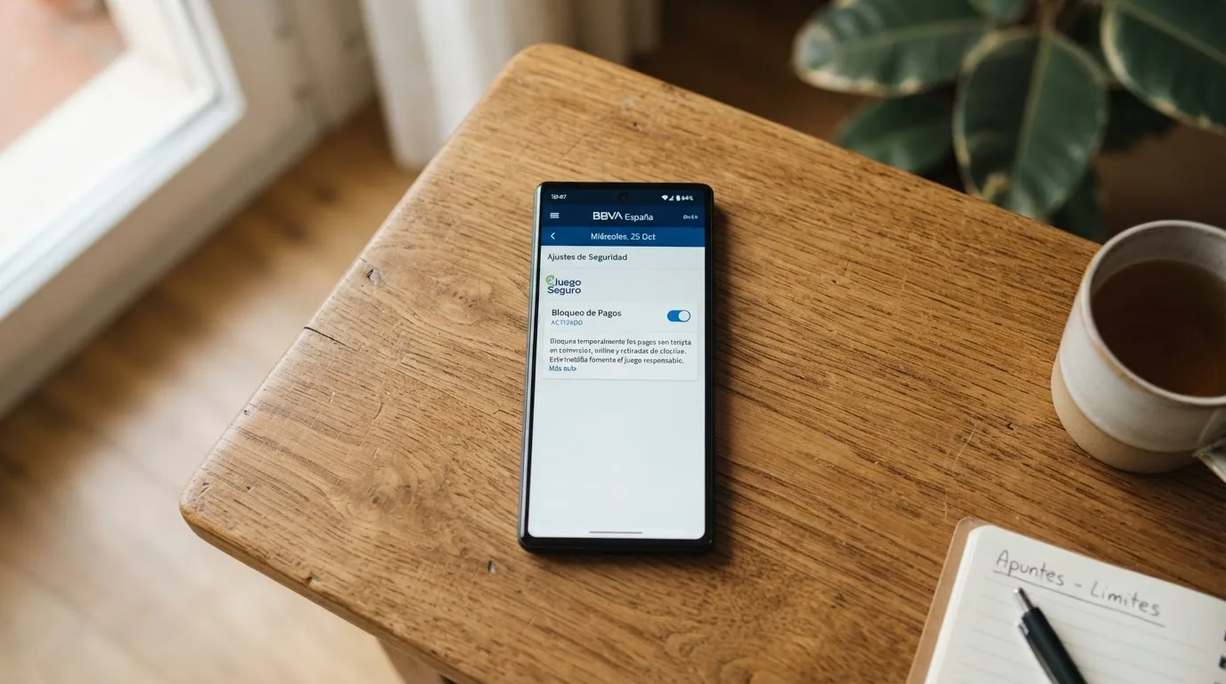 La pantalla de ajustes de la app de Revolut mostrando la opción «Bloqueo de apuestas» activada, con un tono azul calmado de fondo