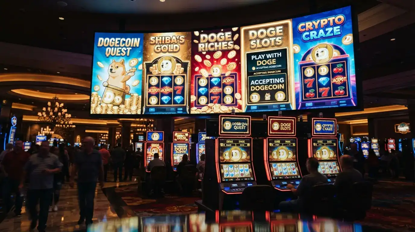 Vestíbulo de tragaperras de un casino online que acepta Dogecoin, con los títulos más populares visibles