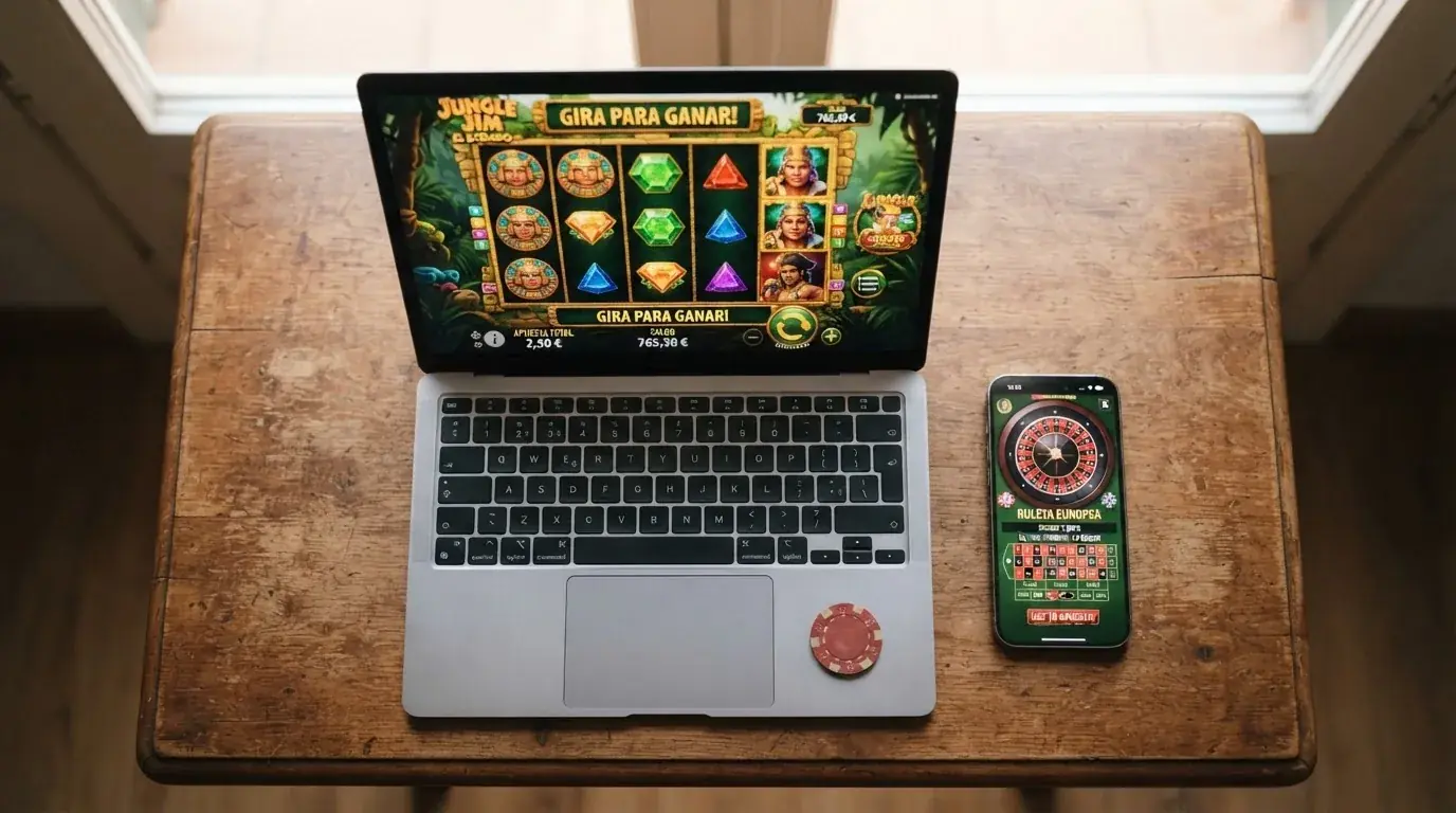 Una ruleta y una slot en la pantalla de un ordenador portátil junto a un móvil que muestra un saldo de 1,00 €