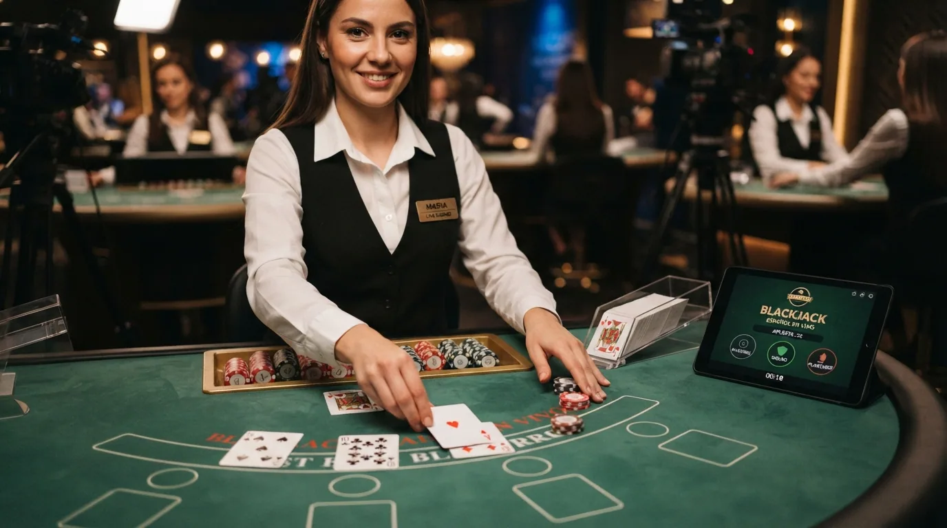 Un salón de casino en vivo con un crupier real repartiendo cartas y una interfaz de depósito con el icono de Paysafecard en la esquina