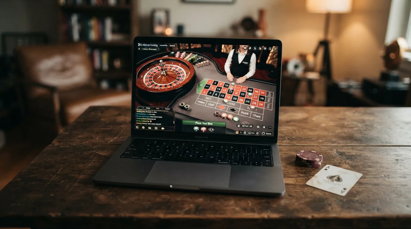 Composición con una tragaperras digital, una ruleta en vivo con crupier y fichas de casino sobre un tapete verde