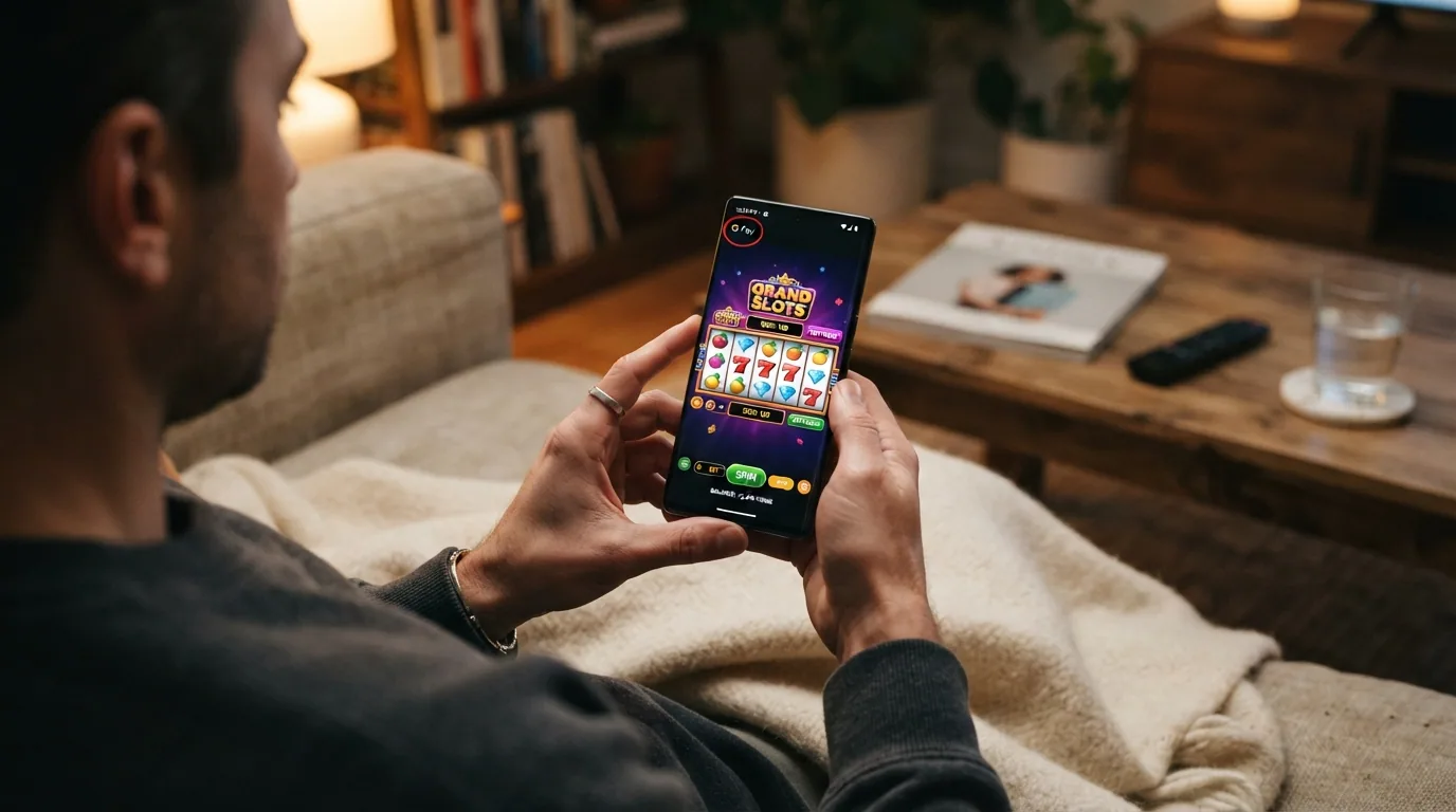 Un teléfono móvil en horizontal mostrando un juego de casino online con el icono de CaixaBank Pay en la barra de notificaciones