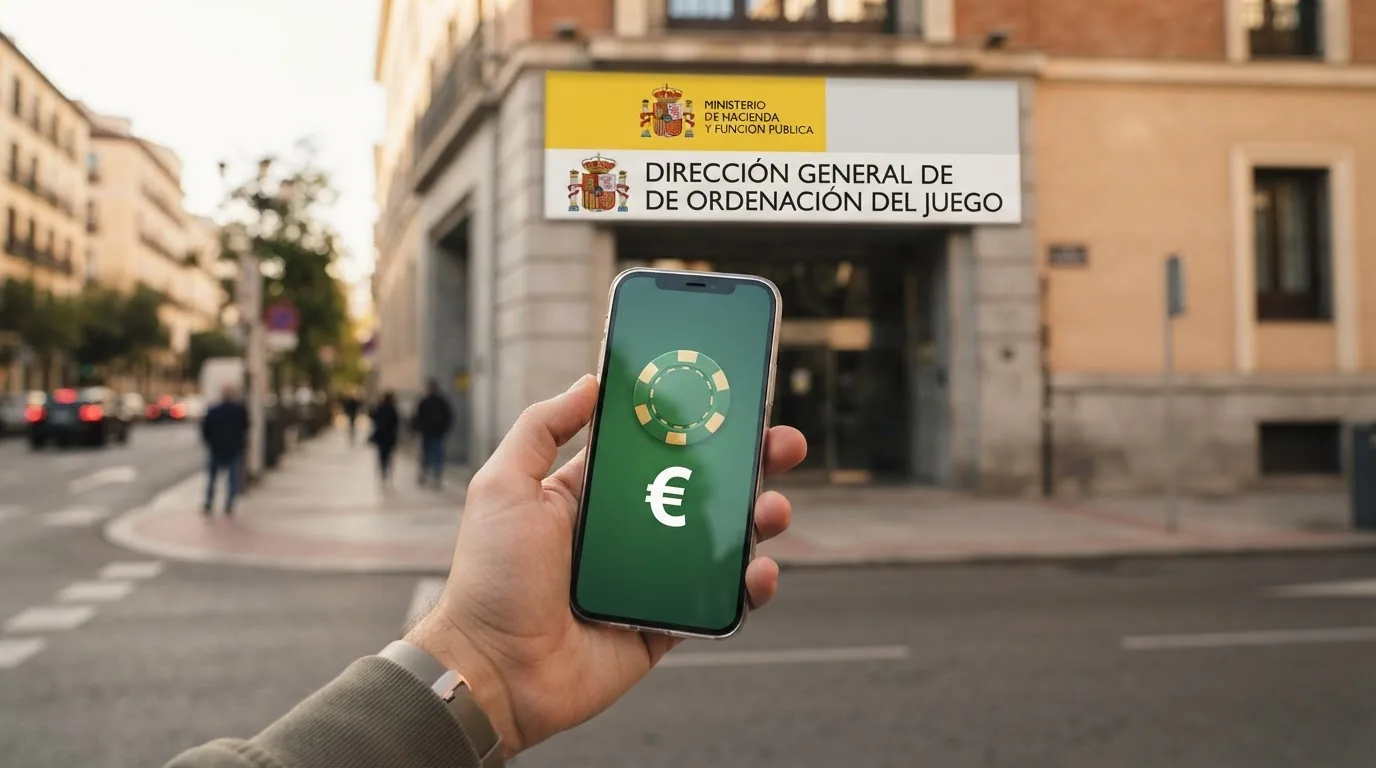 La fachada de la sede de la DGOJ en Madrid junto a un documento oficial con el sello del BOE y un monedero de criptomonedas en primer plano