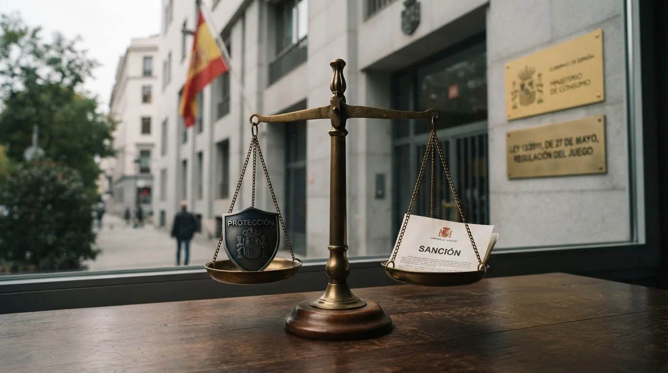 La fachada de un edificio institucional con la bandera de España y el texto «Ley 13/2011» en primer plano, junto a una balanza que pesa «protección» contra «sanción».