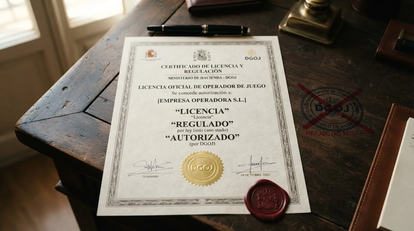 Documento oficial de licencia de juego junto a un sello de la DGOJ tachado