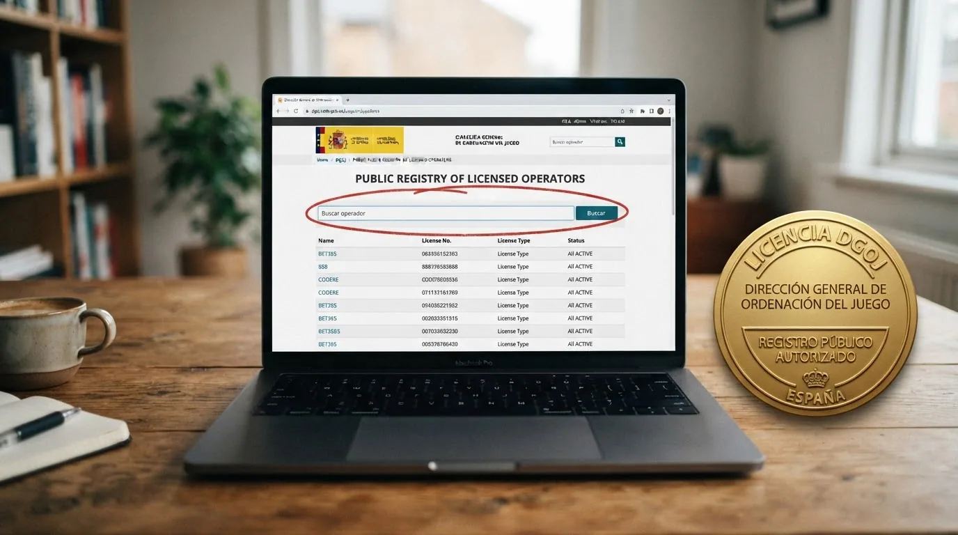 Captura de pantalla del registro público de operadores con licencia en ordenacionjuego.es con un círculo sobre el campo de búsqueda