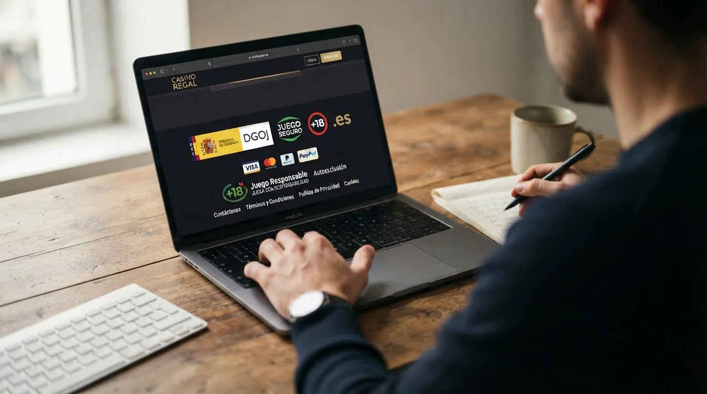 Captura del pie de página de un casino online español donde se vean los sellos de la DGOJ, el dominio .es y los logos de juego responsable