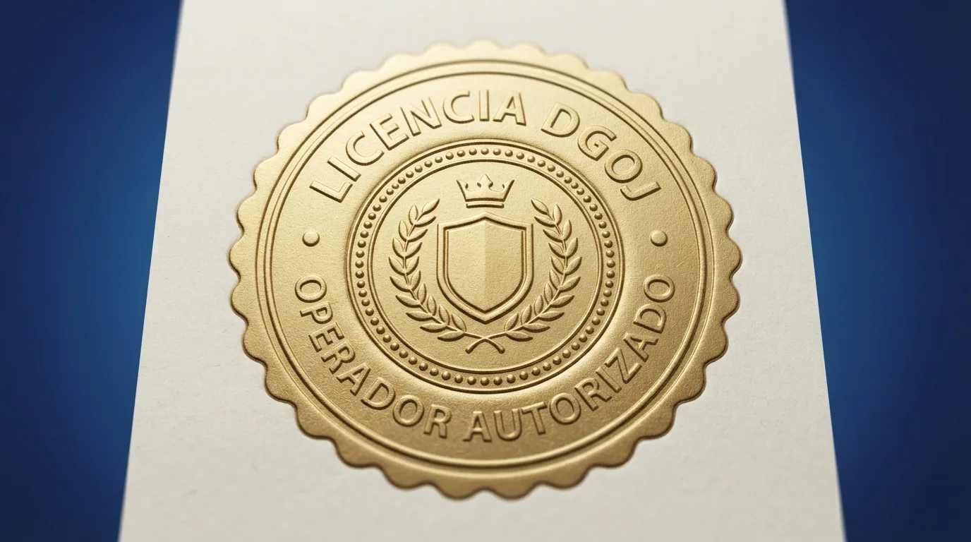 Sello oficial de la DGOJ junto a un dominio .es y el logo de Visa sobre un fondo de color azul institucional