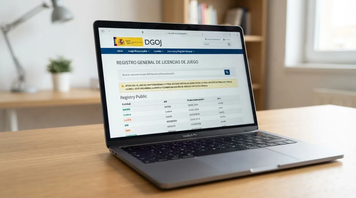 Captura de pantalla del registro público de operadores con licencia de la DGOJ en ordenacionjuego.es junto a la advertencia de que ningún operador autorizado acepta criptomonedas