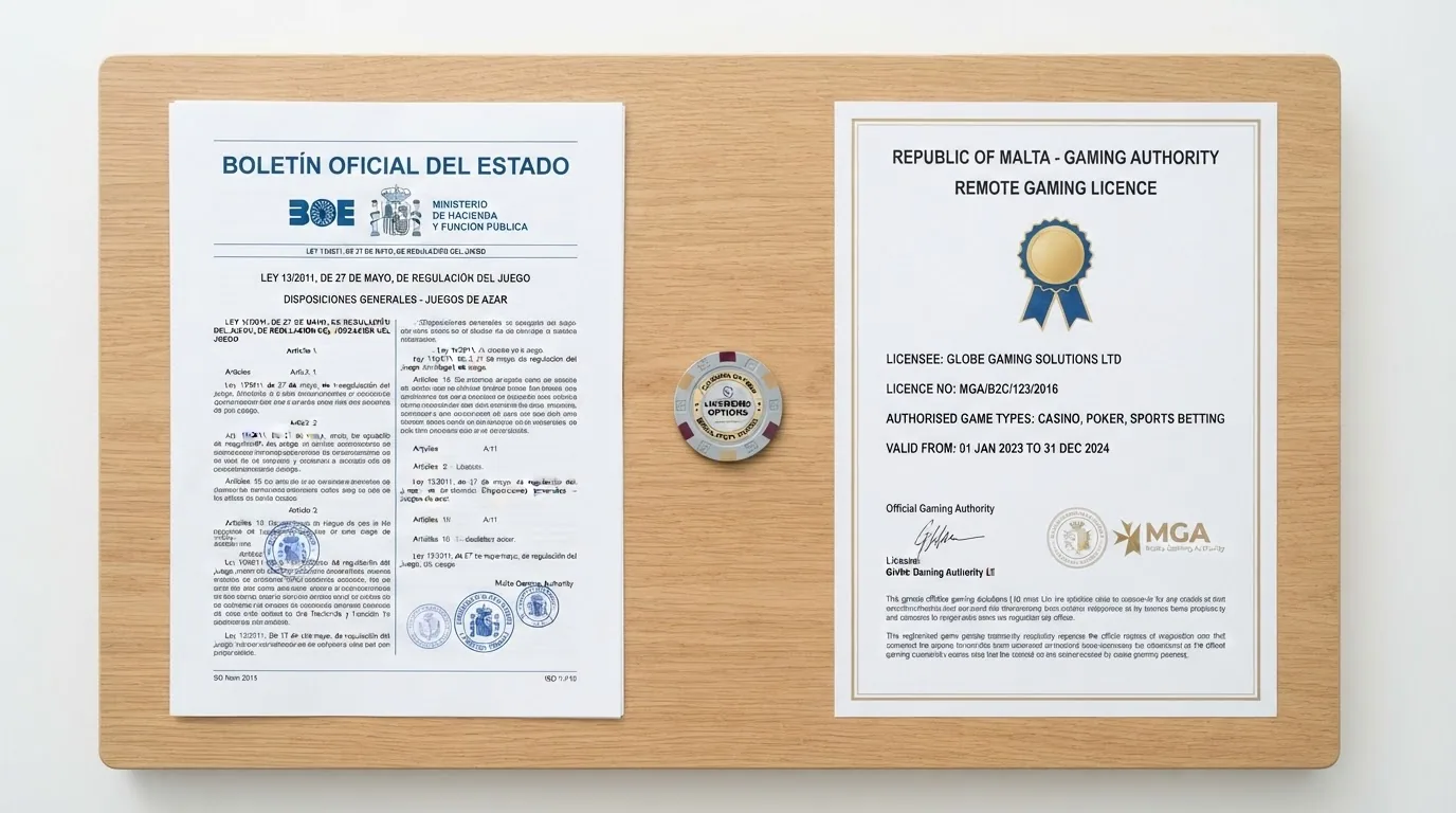 Documento oficial del BOE junto a una pantalla del registro de operadores con licencia de la DGOJ en ordenacionjuego.es