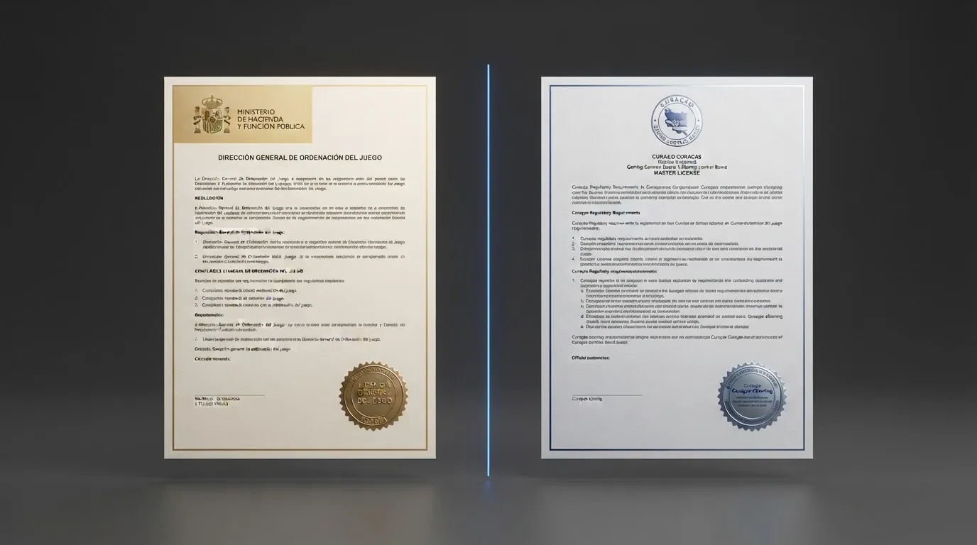 Un documento oficial con el membrete de la DGOJ junto a un certificado de licencia de Curaçao, separados por un espacio vacío que representa la ausencia de protección DGOJ para el jugador de Bitcoin