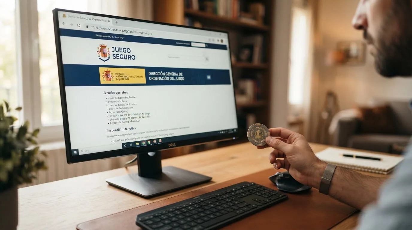 Sello oficial de la Dirección General de Ordenación del Juego junto a la barra de direcciones de un navegador mostrando el dominio .es