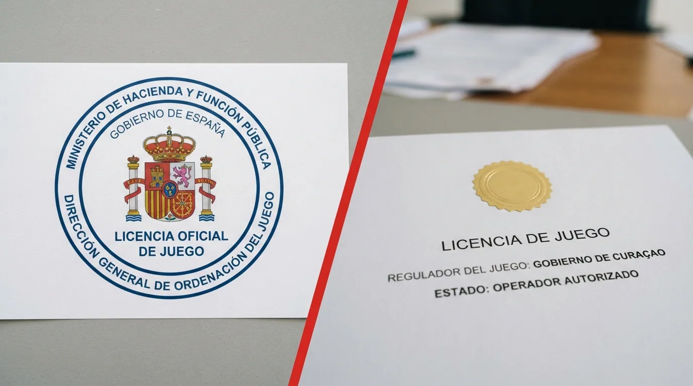 Sello oficial de la DGOJ junto a un documento de licencia de Curaçao, separados por una línea roja