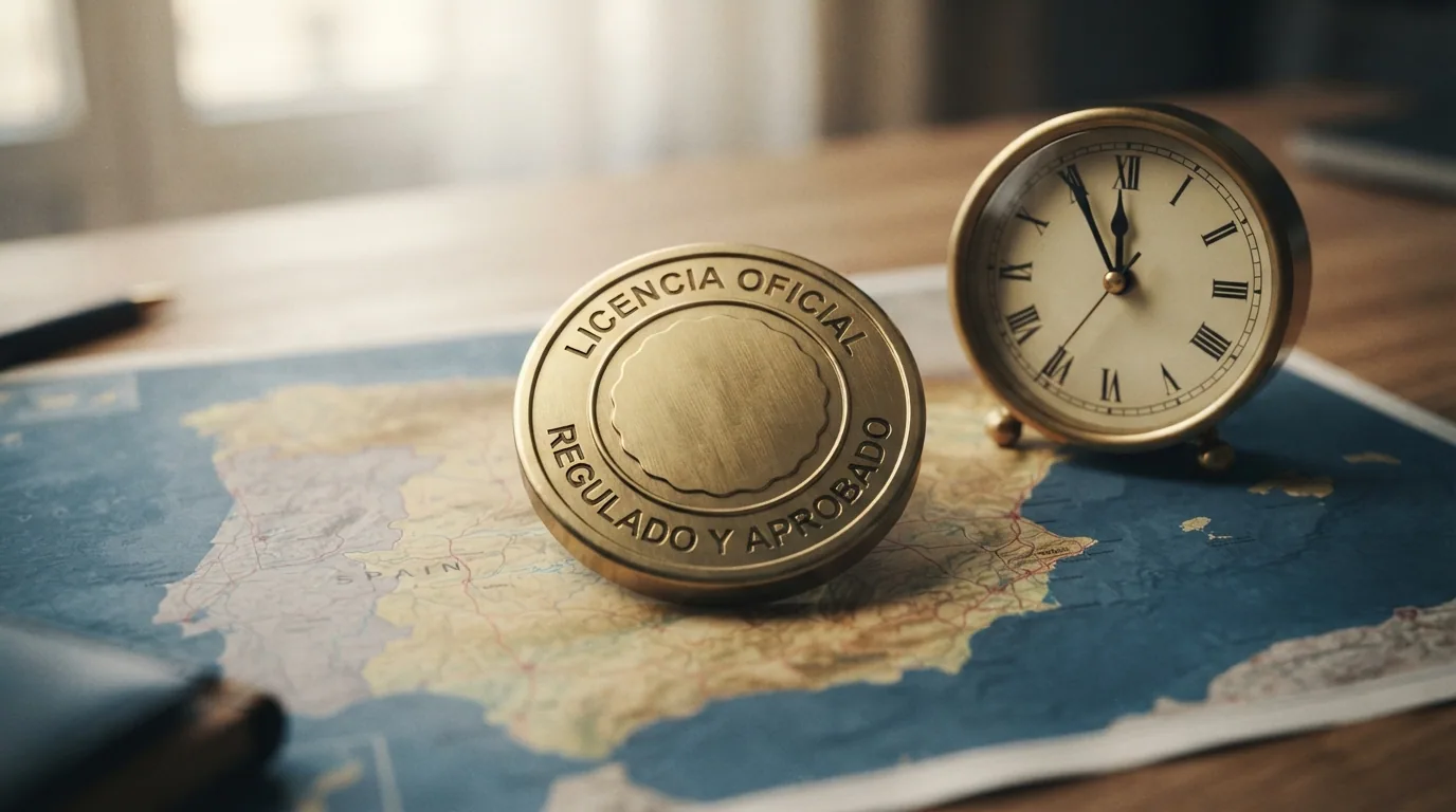 Un sello oficial con la marca DGOJ y un reloj marcando las 24 horas sobre el mapa de España