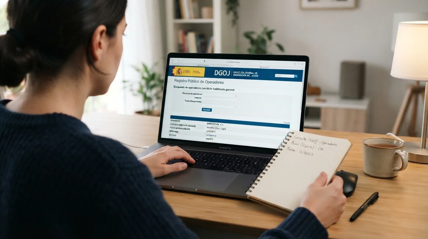 Captura de pantalla del registro público de la DGOJ en ordenacionjuego.es con el campo de búsqueda visible y un resultado de operador autorizado