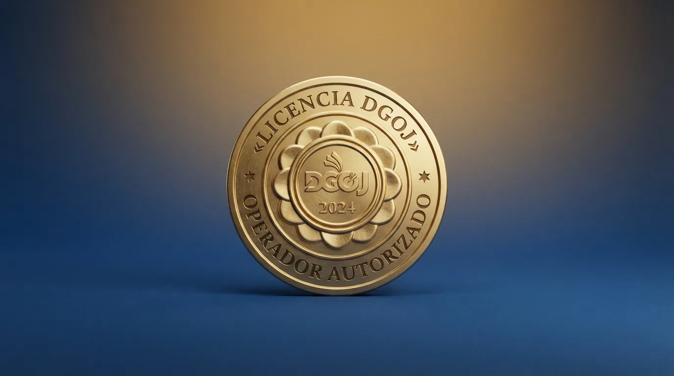 Pantalla con el logotipo de la DGOJ y el texto «operador autorizado» superpuesto sobre la silueta de un dominio .es