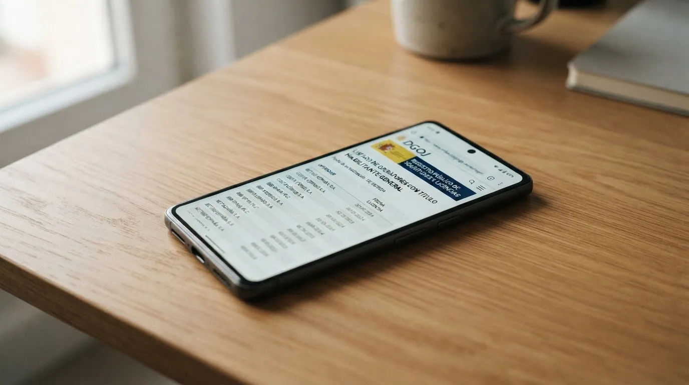 Primer plano de un teléfono mostrando la ficha de un operador en el registro público de la DGOJ con el dominio .es visible en la barra de direcciones
