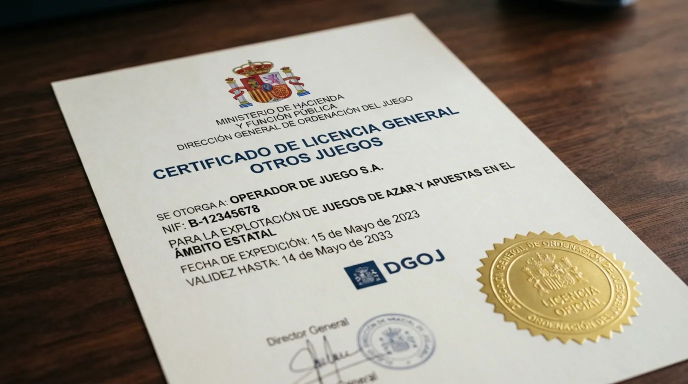 Primer plano de un certificado oficial con el escudo de la DGOJ y las palabras «Licencia general — Otros Juegos» junto a la URL ordenacionjuego.es