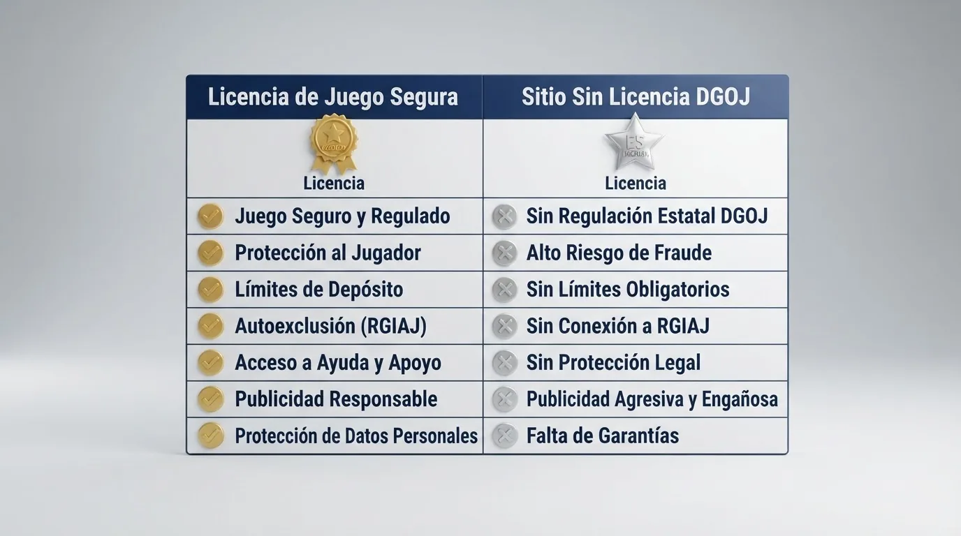 Tabla visual comparativa con dos columnas: a la izquierda el sello DGOJ y sus protecciones, a la derecha una licencia Curaçao y sus limitaciones, con iconos de candado, límite y recurso
