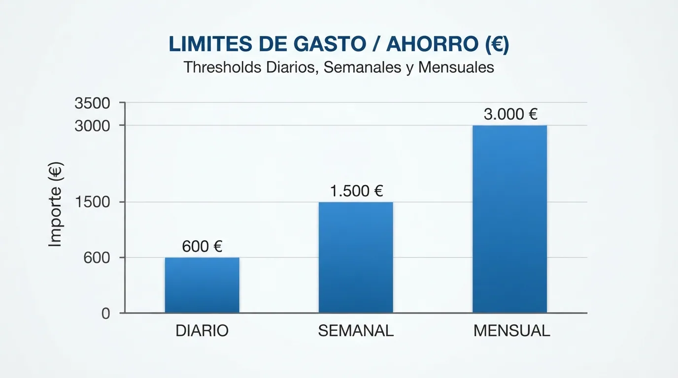 Infografía simplificada con los tres umbrales de depósito vigentes en España —diario, semanal y mensual— junto al escudo de la DGOJ