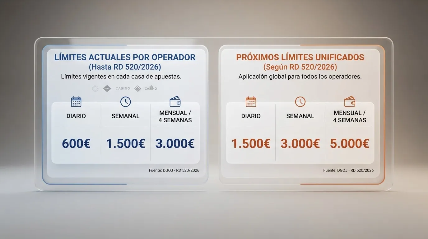 Infografía comparativa con los límites de depósito actuales por operador y los nuevos límites conjuntos del RD 520/2026