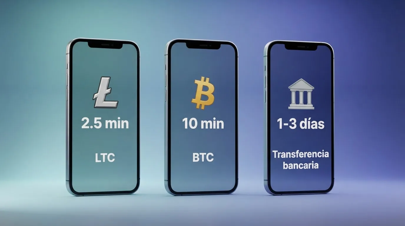 Infografía comparativa con tres columnas: Litecoin, Bitcoin y transferencia bancaria, mostrando tiempos de confirmación y comisiones