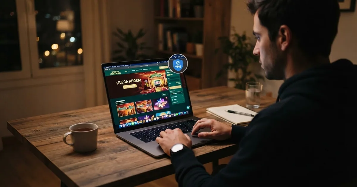 Un portátil abierto mostrando la interfaz de un casino online con el icono de conexión VPN activo en la barra de estado del sistema operativo