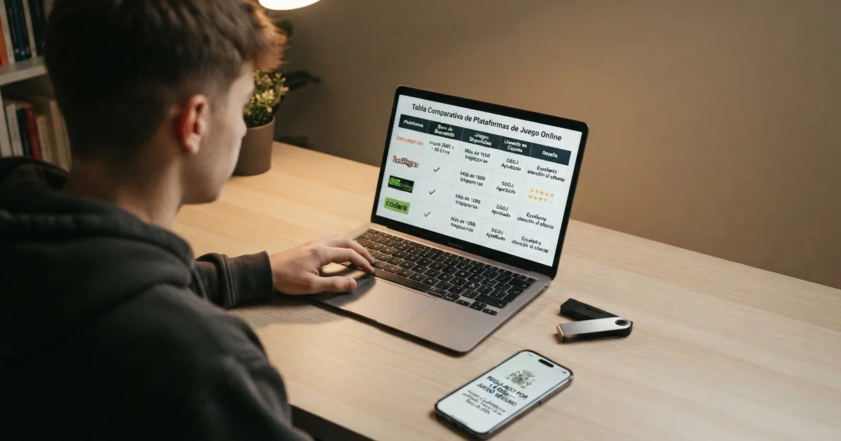 Un jugador consulta una tabla comparativa de casinos online en una pantalla, junto a un monedero físico con el símbolo de Bitcoin y un móvil con la web de la DGOJ abierta