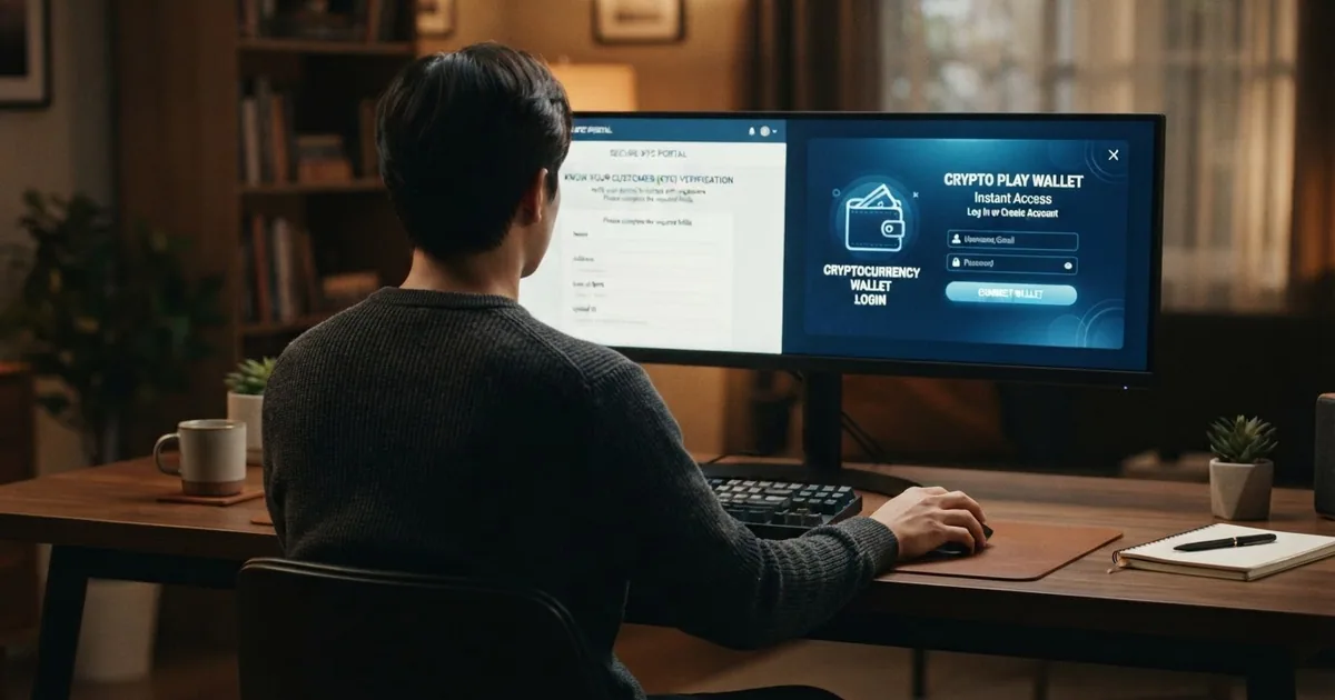 Un jugador frente a una pantalla con un formulario de registro dividido en dos caminos: verificación de identidad a la izquierda y acceso inmediato a la derecha