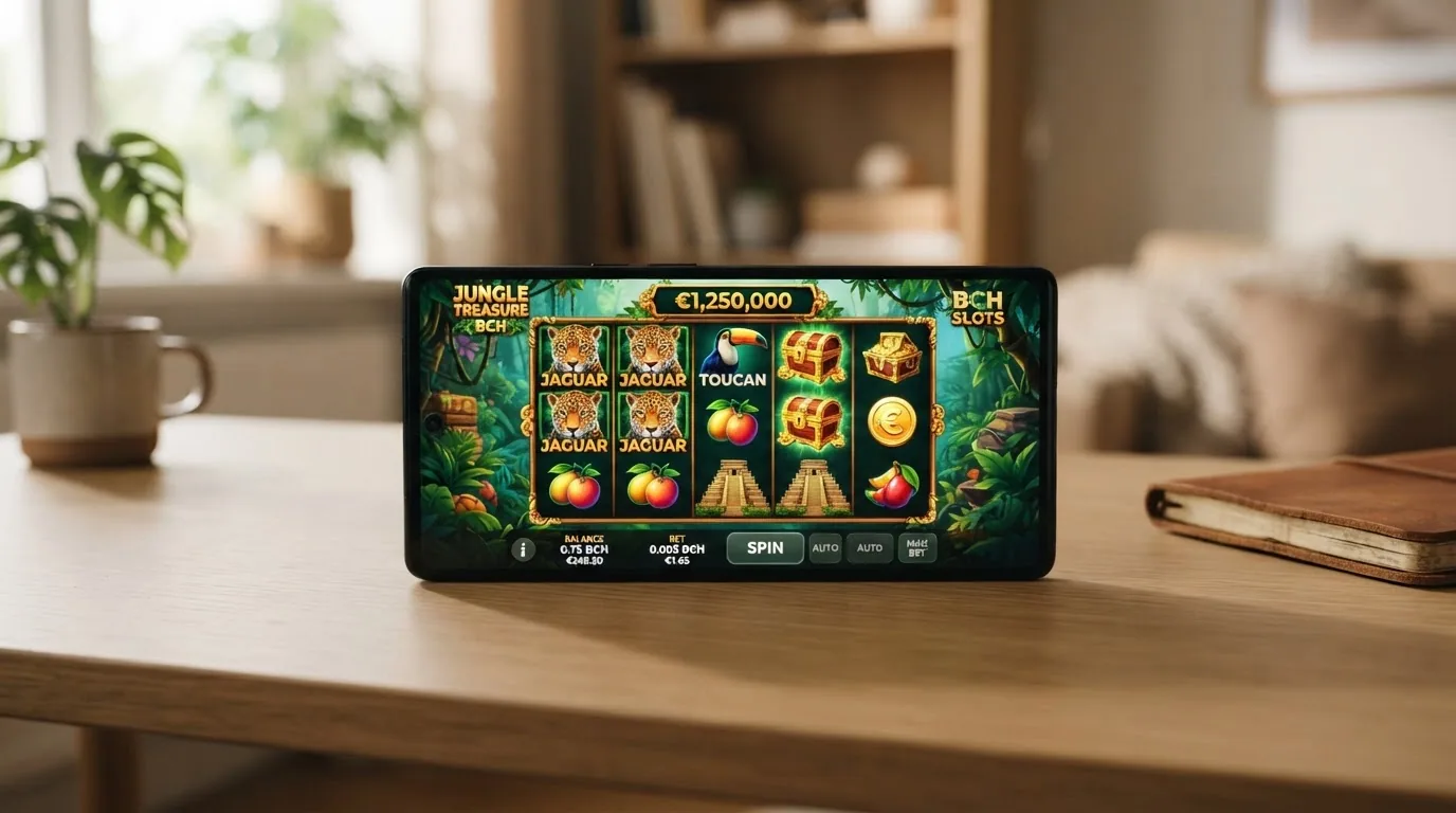 Una cuadrícula de carátulas de slots con el logotipo de Bitcoin Cash en la esquina del menú de juego