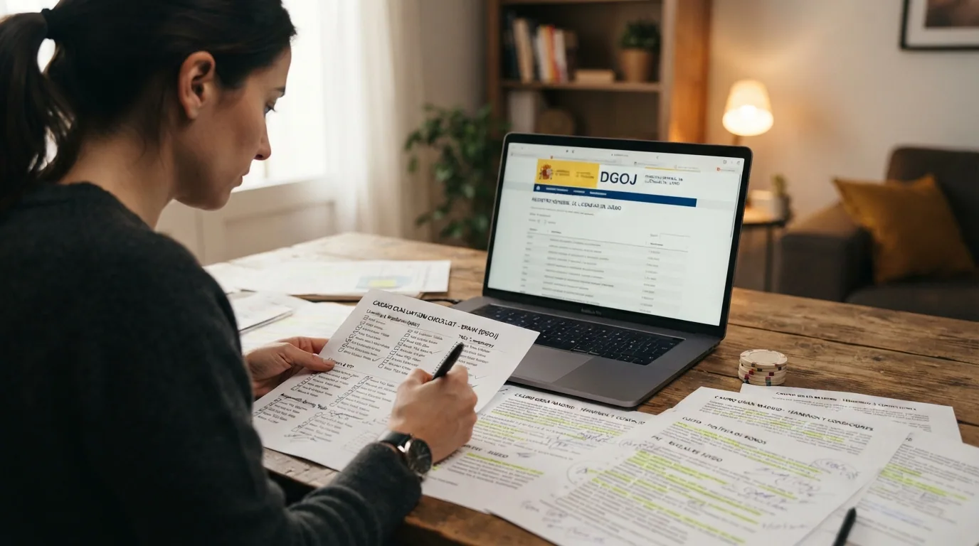 Una mesa de trabajo con el registro oficial de la DGOJ abierto en una pantalla, los términos y condiciones de varios casinos impresos y una lista de comprobación con los criterios de evaluación
