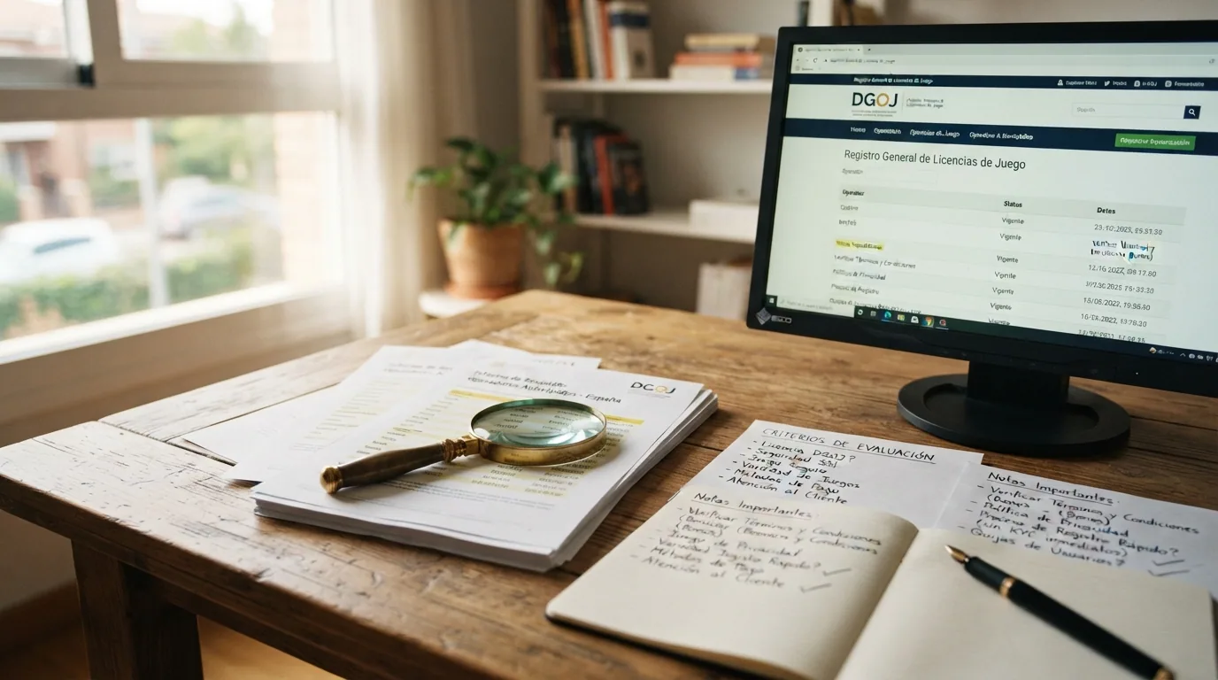 Un escritorio con una lupa sobre documentos, una pantalla mostrando el registro de la DGOJ y notas manuscritas con criterios de evaluación.
