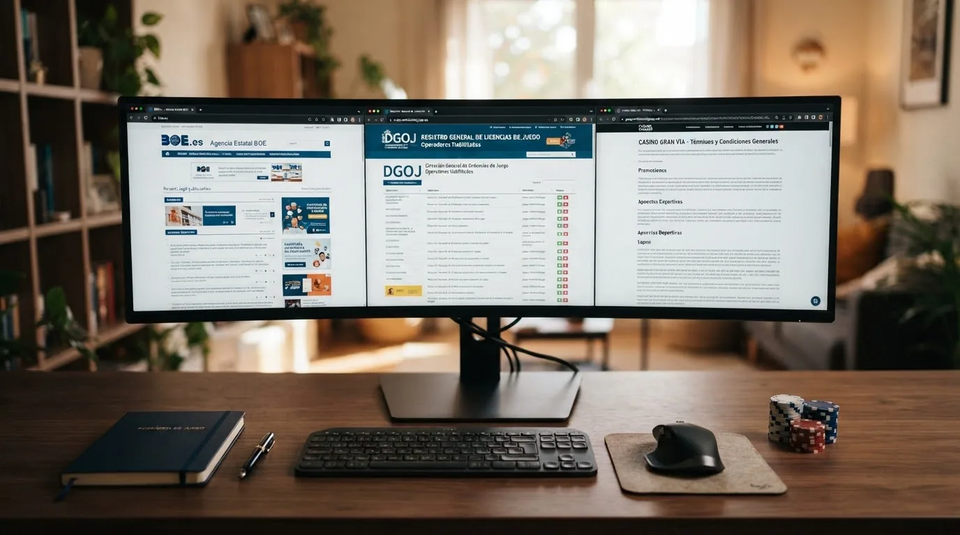 Mesa de trabajo con una pantalla dividida entre el BOE, el registro de operadores de la DGOJ y las páginas de términos de varios casinos, todo conectado por líneas de verificación