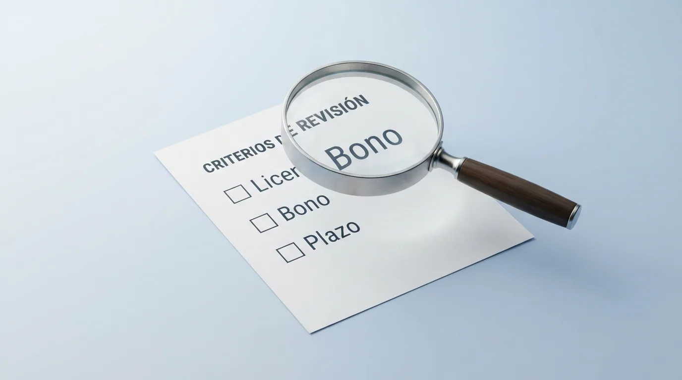 Una lupa sobre una lista de criterios de evaluación —licencia, bono, rollover, plazo— junto al logotipo de la DGOJ