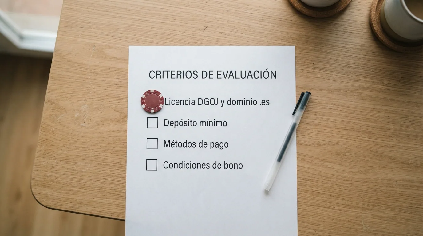Una lista de verificación sobre un escritorio con los criterios de evaluación visibles: licencia DGOJ, depósito mínimo, métodos de pago y condiciones de bono