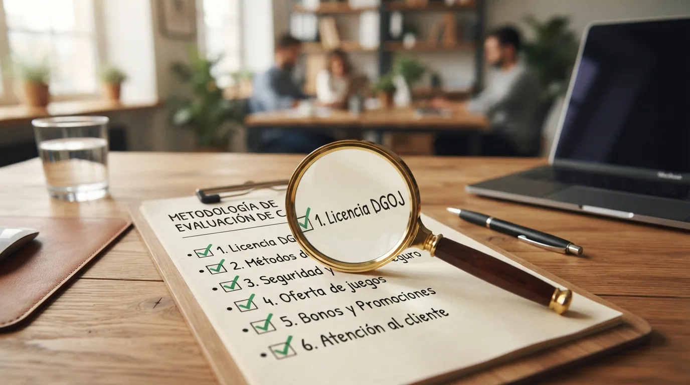 Una lupa sobre una lista de verificación que incluye los criterios de licencia, seguridad y métodos de pago
