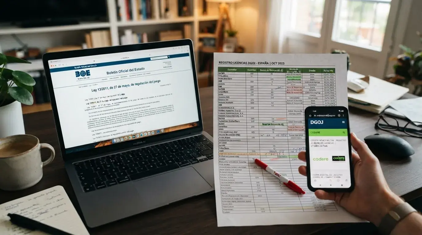 Escritorio de trabajo con el BOE abierto, el registro DGOJ en pantalla, fichas de operadores y una hoja de cálculo con los criterios de evaluación visibles