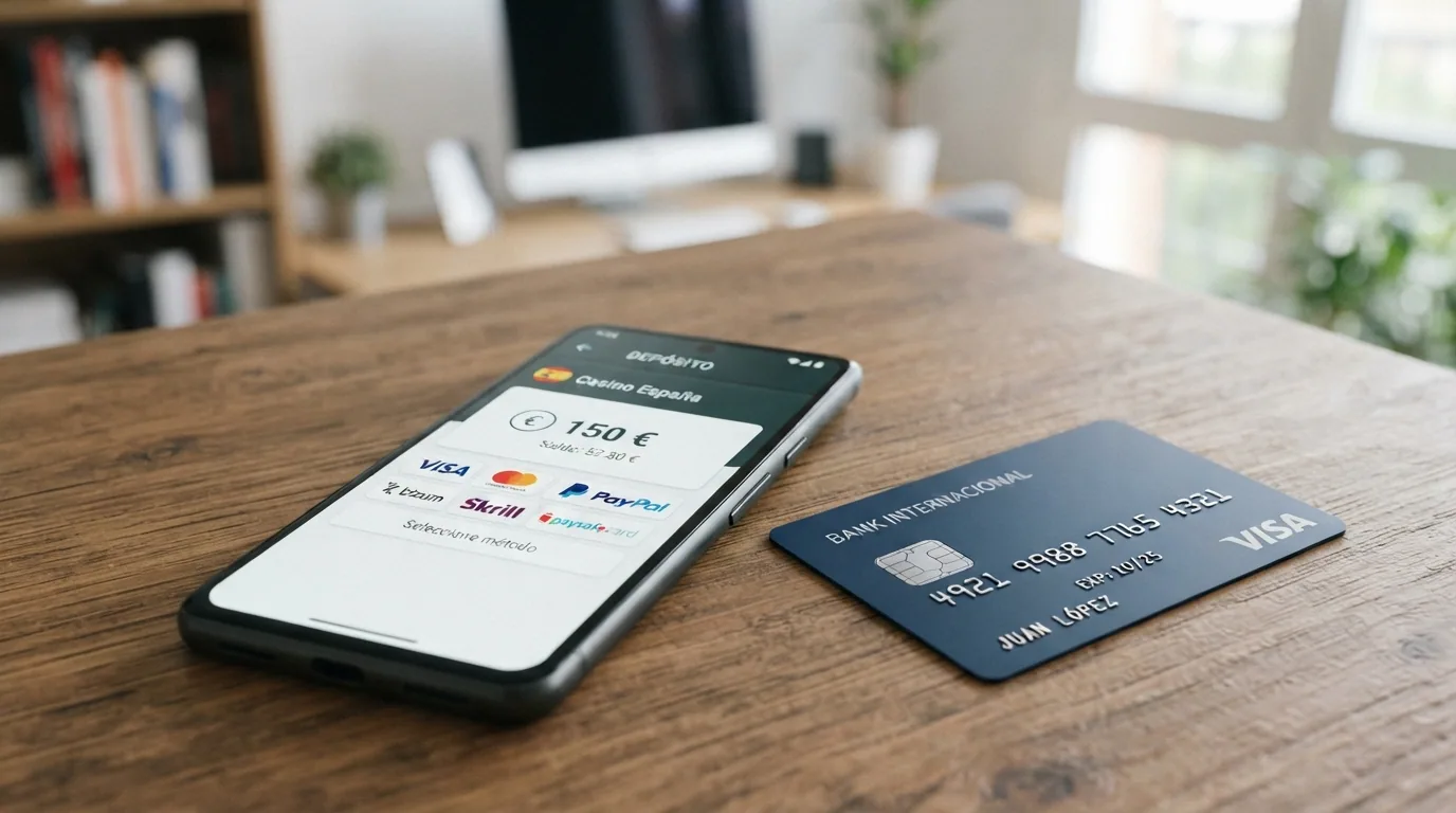 Comparativa visual de métodos de pago en un casino online español: iconos de Bizum, tarjeta bancaria, PayPal, transferencia y un icono de SMS en gris