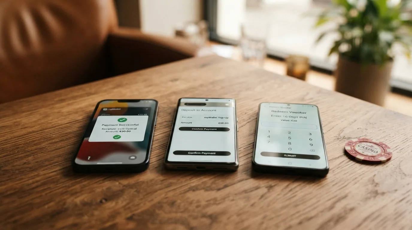 Tres dispositivos mostrando las pantallas de pago de Bizum, PayPal y Paysafecard lado a lado sobre una mesa