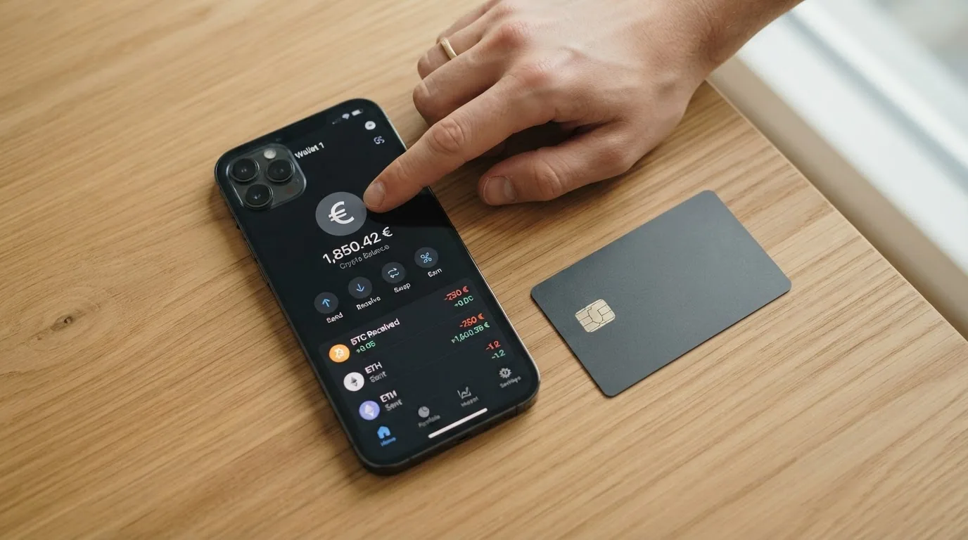 Una billetera de criptomonedas abierta en un teléfono móvil junto a una tarjeta bancaria sobre una mesa