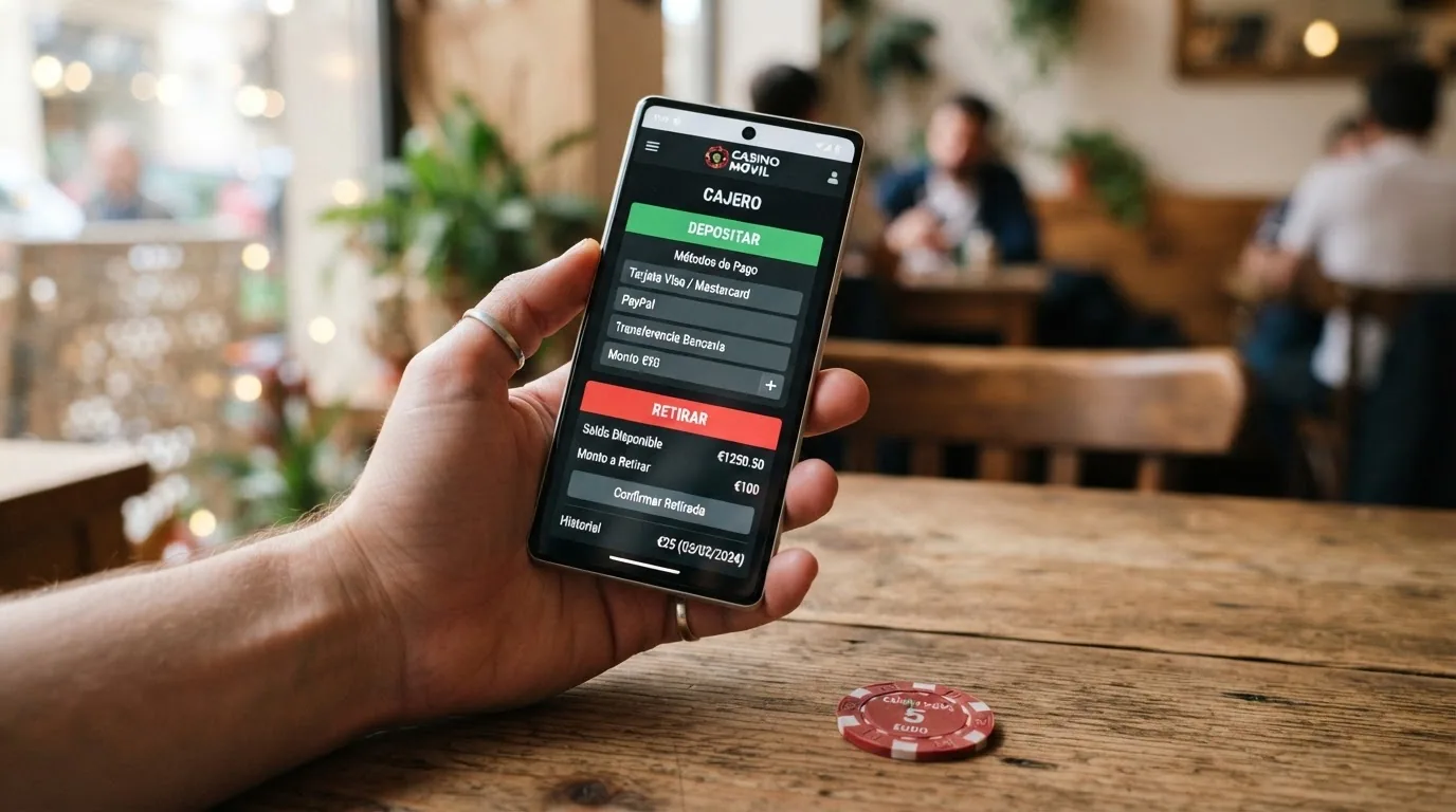 Pantalla de cajero de un casino online español mostrando los métodos de depósito y retirada disponibles, con sus plazos estimados