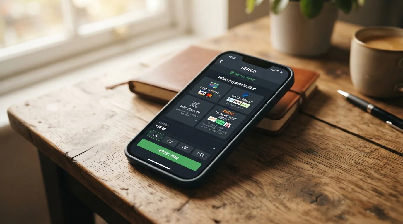 Un teléfono móvil mostrando la pantalla de depósito de un casino con licencia DGOJ, con los iconos de tarjeta, PayPal, Bizum y transferencia como opciones disponibles