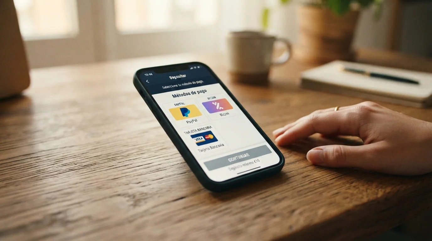 Móvil mostrando la pantalla de depósito de un casino online con los iconos de Bizum, PayPal y tarjeta