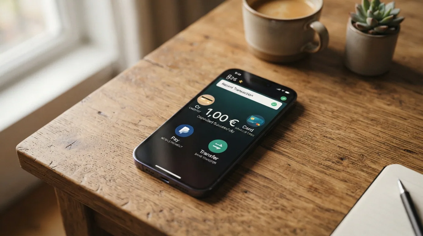 Dispositivo móvil con la pantalla de pago de un casino donde se ven los iconos de Bizum, Visa, Mastercard y una transferencia bancaria junto a un importe de 1,00 €